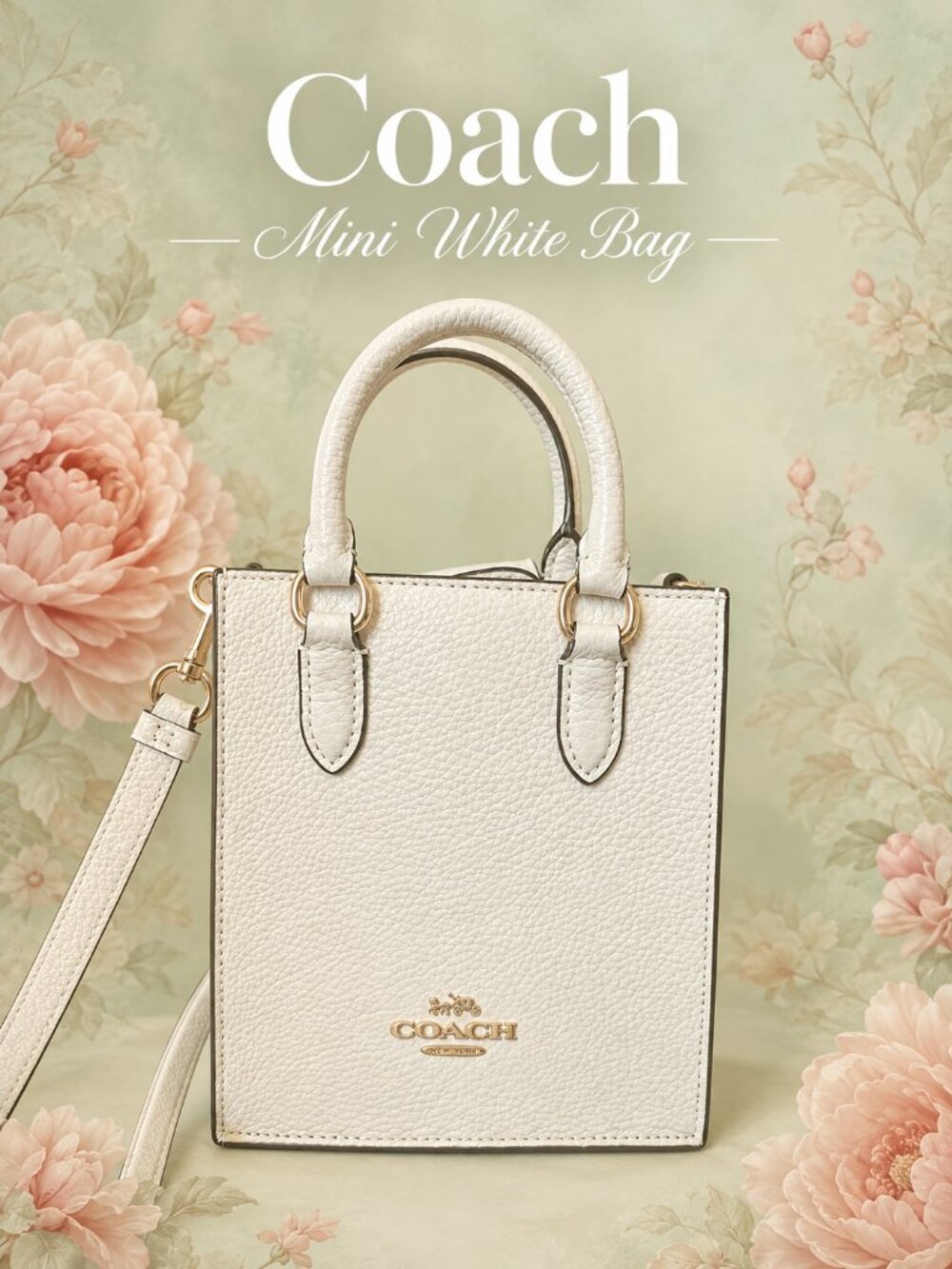 Coach Mini White Bag – Pebbled Leather Tote with Gold Hardware